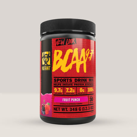 Flacon de aminoacizi BCAA 9.7 de la Mutant, un supliment pentru recuperare și hidratare. Fruit punch aroma.