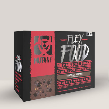 Imagine cu o cutie de MUTANT FLEX FOOD 6-Pack (20 de serviri), un shake MRP complet cu proteine, carbohidrați, grăsimi sănătoase și super-alimente cu aromă de ciocolată.
