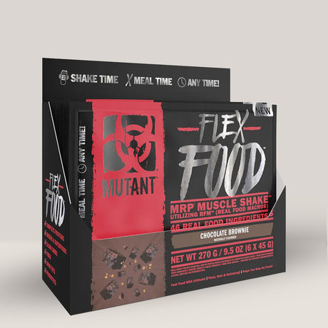 Imagine cu o cutie de MUTANT FLEX FOOD 6-Pack (20 de serviri), un shake MRP complet cu proteine, carbohidrați, grăsimi sănătoase și super-alimente cu aromă de ciocolată și prăjituri brownie.
