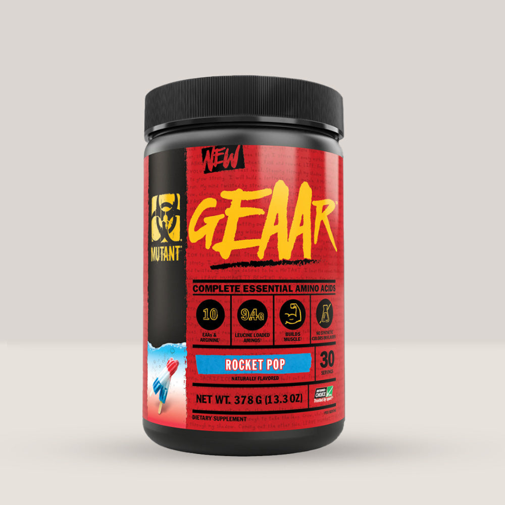Flacon de aminoacizi esențiali EAA Mutant GEAAR, un supliment vegan pentru creștere și recuperare musculară. Rocket top.