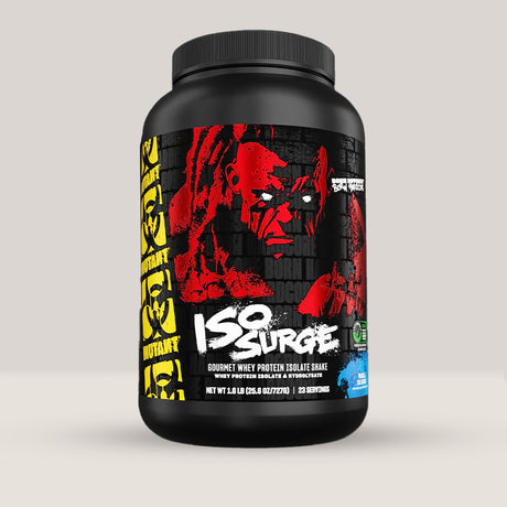 Imagine cu o cutie de MUTANT® ISO SURGE™ (1.6LBS, 23 de serviri), un izolat proteic din zer de calitate superioară cu aromă de mure albastre.