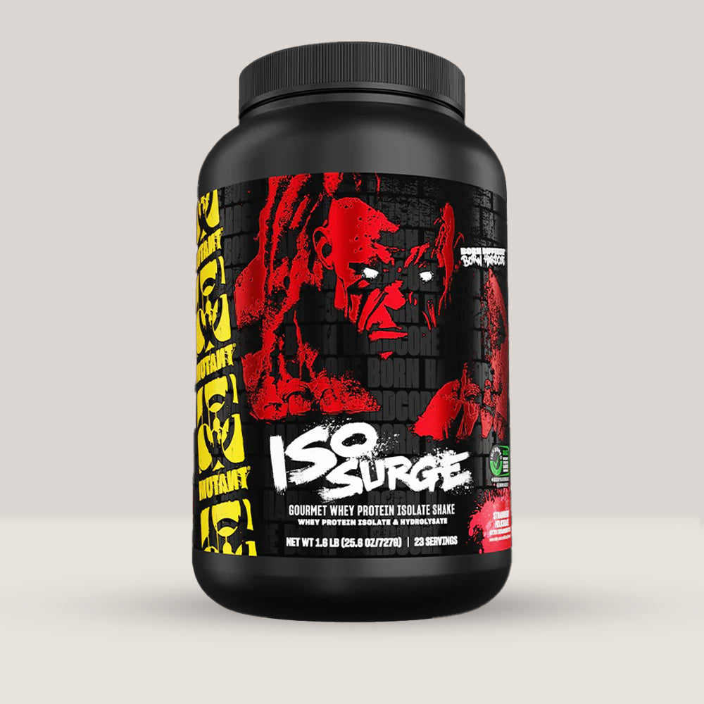 Imagine cu o cutie de MUTANT® ISO SURGE™ (1.6LBS, 23 de serviri), un izolat proteic din zer de calitate superioară cu aromă de căpșuni.