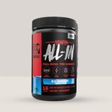 Flacon de supliment pre-workout Mutant Madness All-In, o formulă completă pentru forță și energie. Blue raspberry aroma.