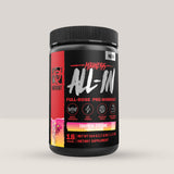 Flacon de supliment pre-workout Mutant Madness All-In, o formulă completă pentru forță și energie. Tropical Cyclone aroma.