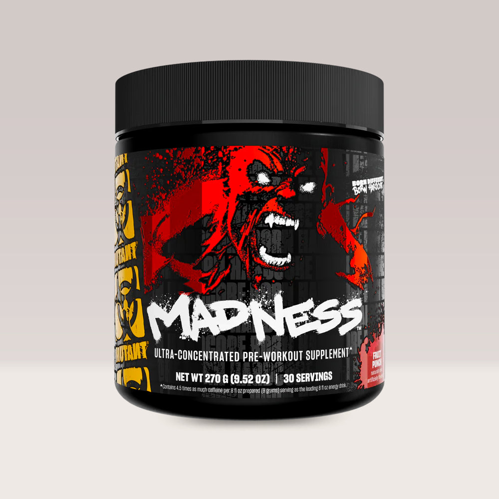 Cutie de Mutant Madness, supliment pre-workout de la Mutant pentru energie explozivă și focus, 270g. Fruit punch aroma.