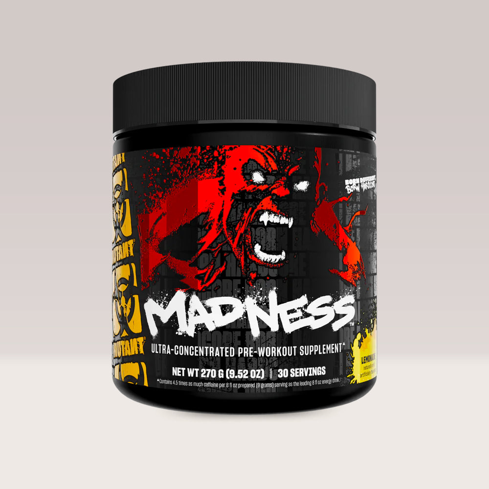 Cutie de Mutant Madness, supliment pre-workout de la Mutant pentru energie explozivă și focus, 270g. Lemon aroma.
