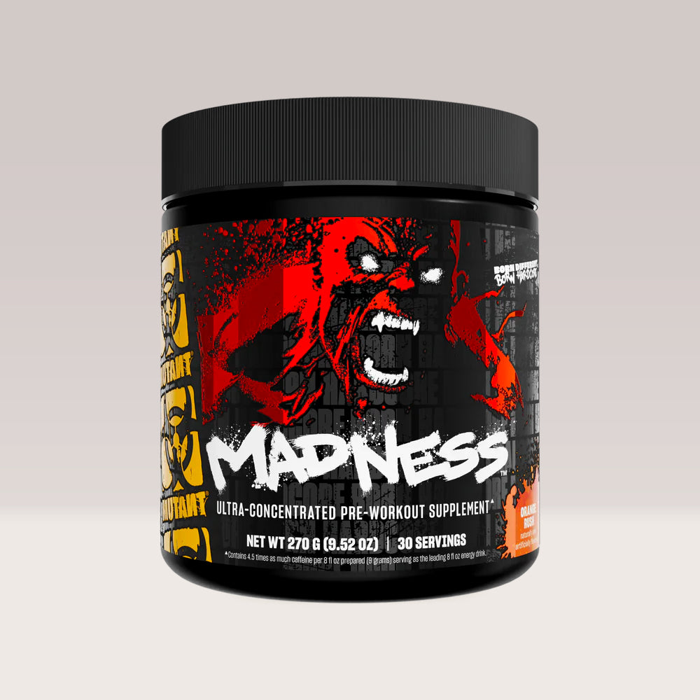 Cutie de Mutant Madness, supliment pre-workout de la Mutant pentru energie explozivă și focus, 270g. Orange aroma.