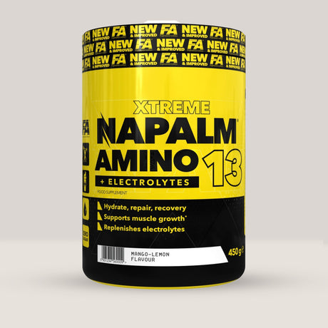 Imagine cu o cutie de NAPALM® Amino 13 (450g, 30 de serviri) de la Fitness Authority, un complex de aminoacizi esențiali pentru creștere musculară și recuperare.