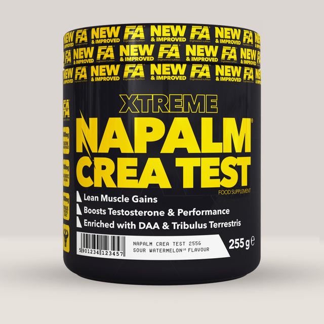 Imagine cu o cutie de NAPALM® Crea Test (255g, 30 de serviri) de la fitness-authority, un supliment cu creatină și ingrediente pentru creșterea testosteronului.