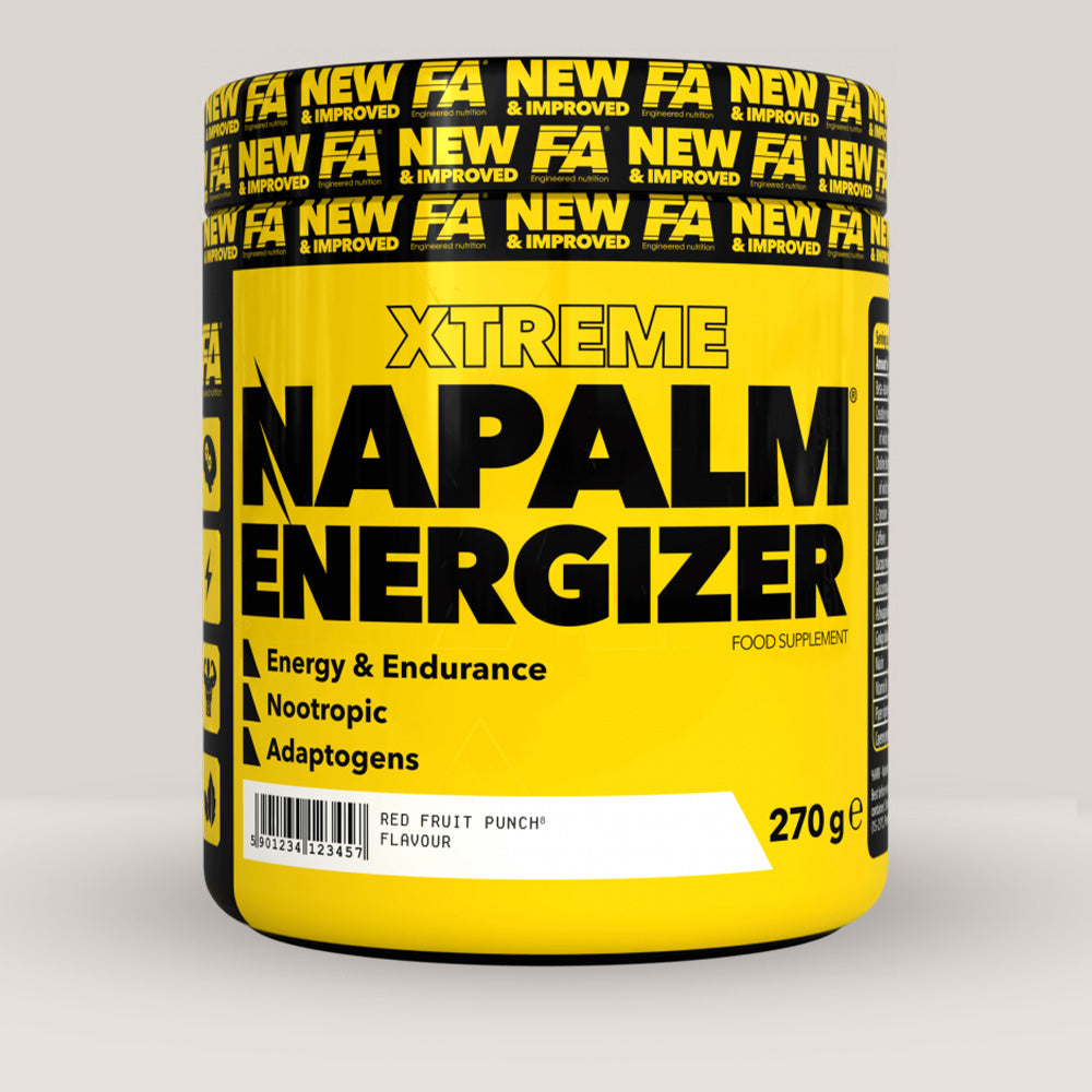 Imagine cu o cutie de NAPALM® Energizer (270g, 60 de serviri) de la Fitness Authority, un supliment pre-workout complex pentru energie și concentrare.