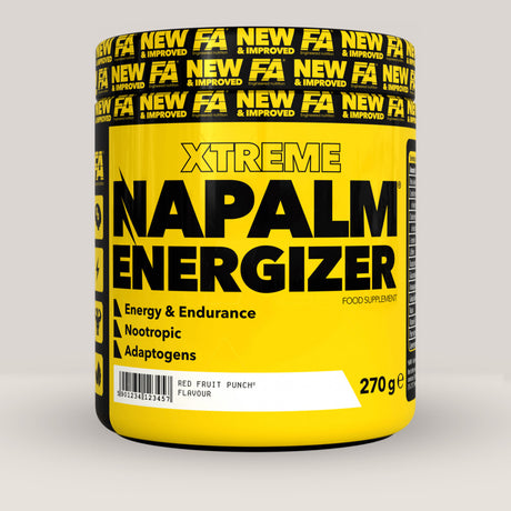 Imagine cu o cutie de NAPALM® Energizer (270g, 60 de serviri) de la Fitness Authority, un supliment pre-workout complex pentru energie și concentrare.