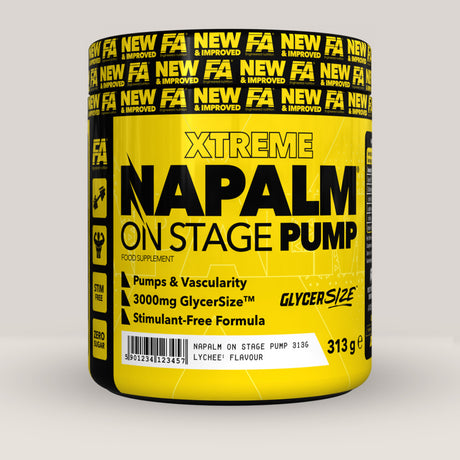 Imagine cu o cutie de NAPALM® On Stage Pump (313g, 25 de serviri) de la fitness authority, un supliment pre-workout fără stimulenți pentru pompare musculară.