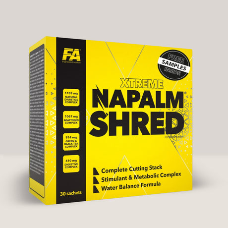 Cutie de Napalm Shred de la Fitness Authority, pachet cu 30 de plicuri, arzător de grăsimi pentru definire.