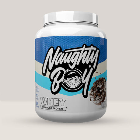 Imagine cu o cutie de Naughty Boy® Advanced Whey 2100g (70 de serviri), o proteină din zer de calitate superioară pentru creștere musculară. Cu aromă de cookies & cream.