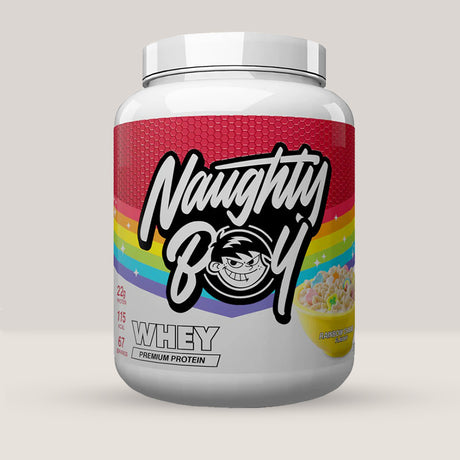 Imagine cu o cutie de Naughty Boy® Advanced Whey 2100g (70 de serviri), o proteină din zer de calitate superioară pentru creștere musculară. Aromă de cereale colorate îndulcite!