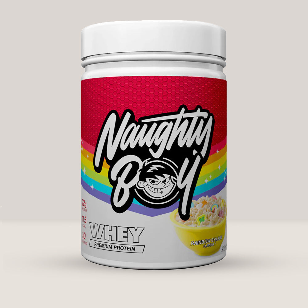 Imagine cu o cutie de Naughty Boy® Advanced Whey 900g (30 de serviri), o proteină din zer de calitate superioară pentru creștere musculară. Aromă de cereale colorate îndulcite!