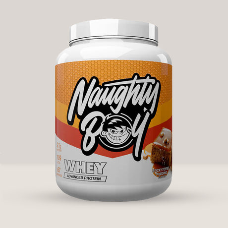 Imagine cu o cutie de Naughty Boy® Advanced Whey 2100g (70 de serviri), o proteină din zer de calitate superioară pentru creștere musculară. Cu aromă de sticky toffee pudding.