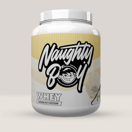 Imagine cu o cutie de Naughty Boy® Advanced Whey 2100g (70 de serviri), o proteină din zer de calitate superioară pentru creștere musculară. Cu aromă de vanilie și înghețată.