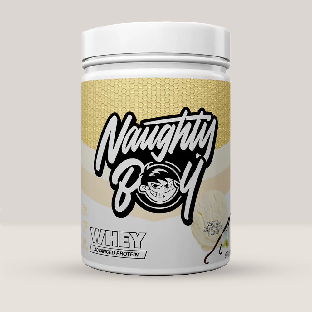 Imagine cu o cutie de Naughty Boy® Advanced Whey 900g (30 de serviri), o proteină din zer de calitate superioară pentru creștere musculară. Cu aromă de vanilie și înghețată.