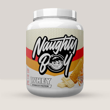 Imagine cu o cutie de Naughty Boy® Advanced Whey 2100g (70 de serviri), o proteină din zer de calitate superioară pentru creștere musculară. Cu aromă de ciocolată albă și biscuiți cu caramel.