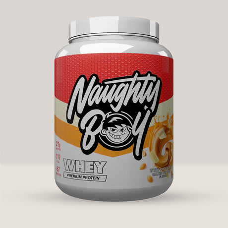 Imagine cu o cutie de Naughty Boy® Advanced Whey 2100g (70 de serviri), o proteină din zer de calitate superioară pentru creștere musculară. Aromă de ciocolată albă și arahide sărate.