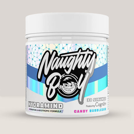 Imagine cu o cutie de Hydra Mind 282g (30 de serviri) de la Naughty Boy, un supliment nootropic pentru concentrare și funcție cognitivă. Aromă de bomboane și bubblegum.