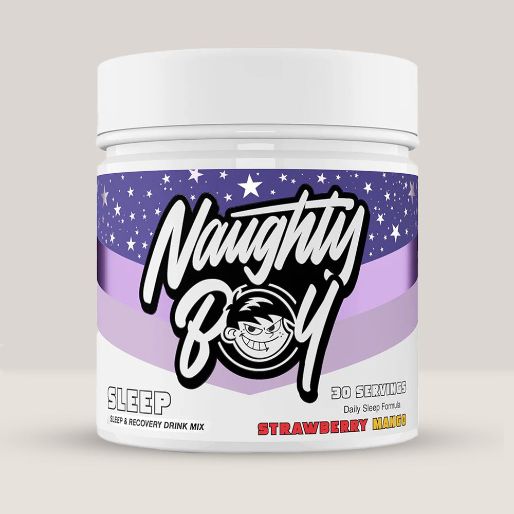 Imagine cu o cutie de Naughty Boy Sleep (30 de serviri), un supliment natural pentru un somn profund și odihnitor cu aromă de căpșuni și mango.