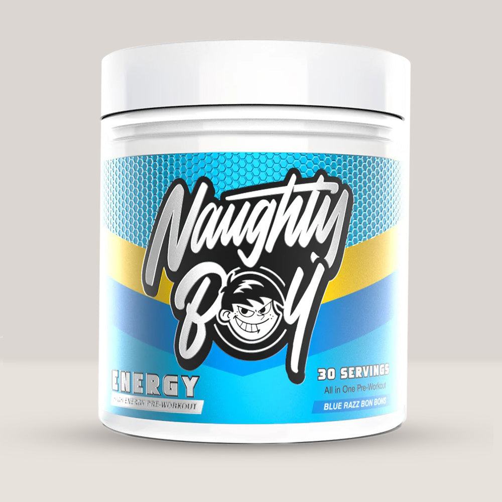 Imagine cu suplimentul pre-workout Naughty Boy Energy Pre Workout, 390g, 30 de serviri. Blue razz bon bons aroma.