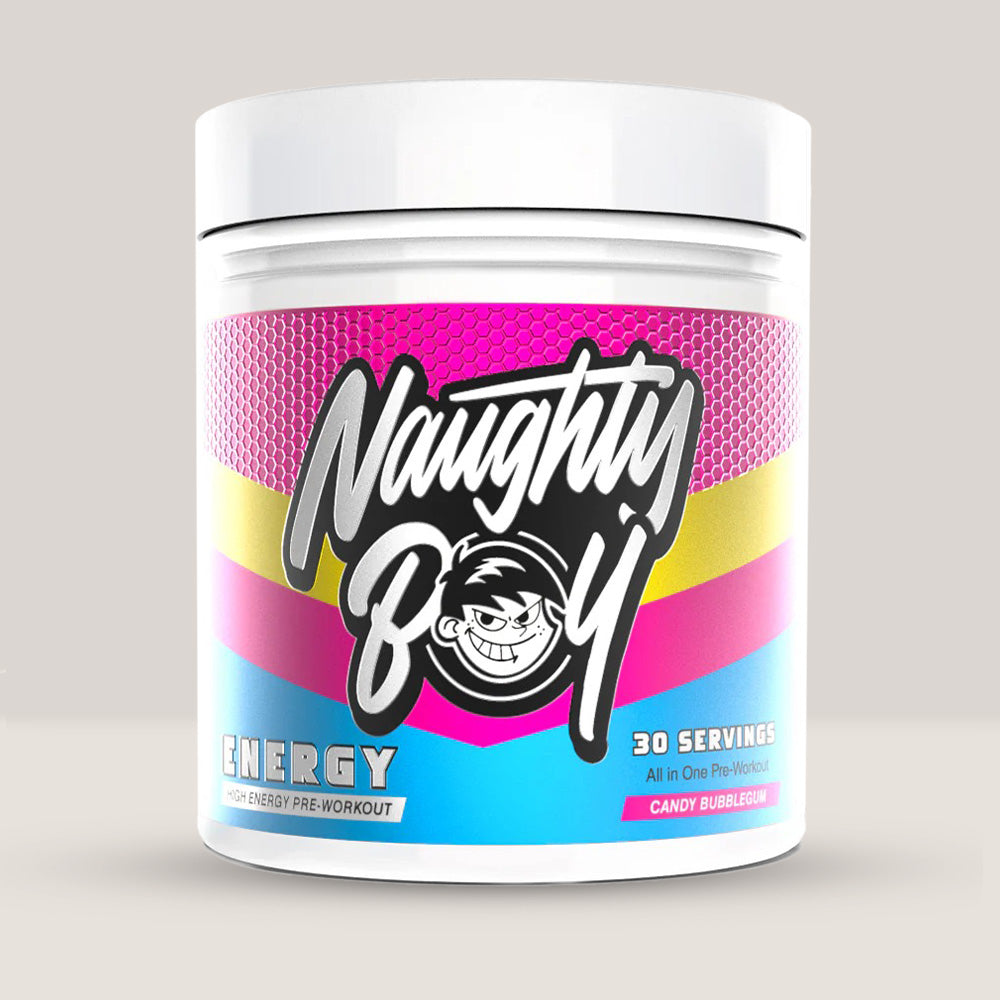 Imagine cu suplimentul pre-workout Naughty Boy Energy Pre Workout, 390g, 30 de serviri. Candy Bubblegum aroma.