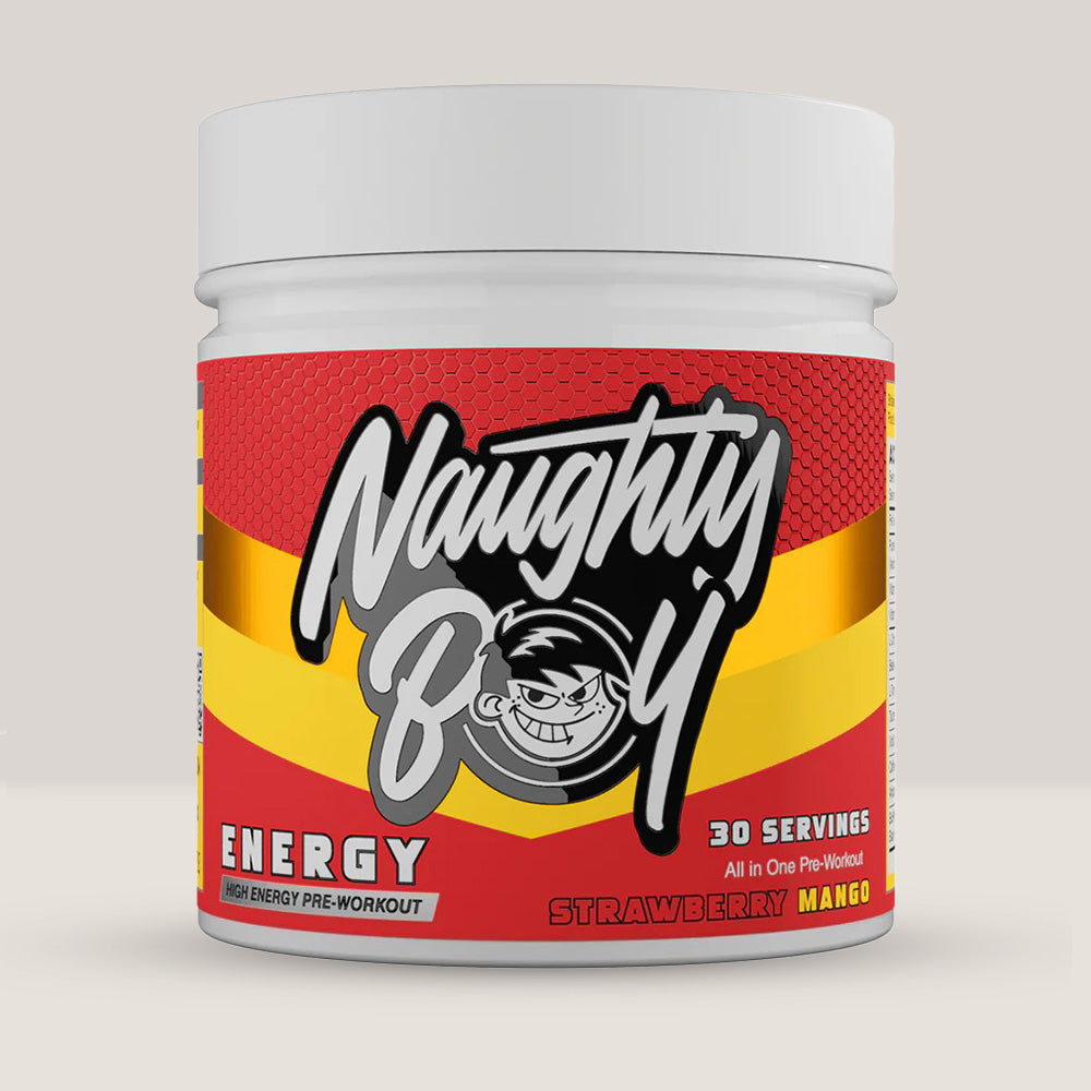 Imagine cu suplimentul pre-workout Naughty Boy Energy Pre Workout, 390g, 30 de serviri. Strawberry mango aroma.