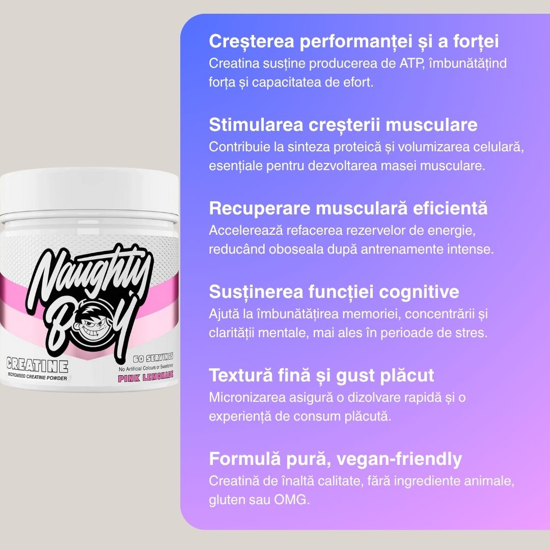 Creatină Naughty Boy: Performanță maximă, recuperare rapidă. Experimentează diferența.