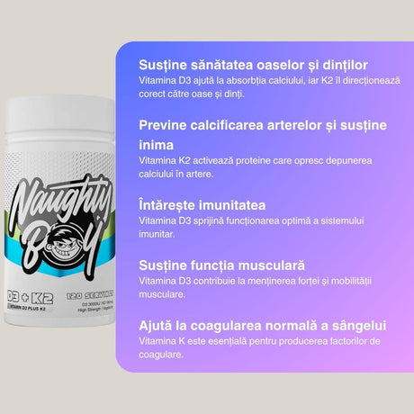 Vitamina D3 & K2 de la Naughty Boy: Vitalitate radiantă și libertate de mișcare.