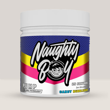 Imagine cu suplimentul pre-workout Naughty Boy Pump, fără cofeină, 400g, 25 de serviri. Candy bubblegum.