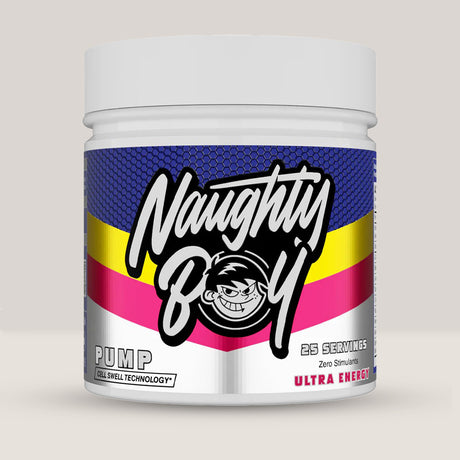 Imagine cu suplimentul pre-workout Naughty Boy Pump, fără cofeină, 400g, 25 de serviri. Ultra energy aroma.