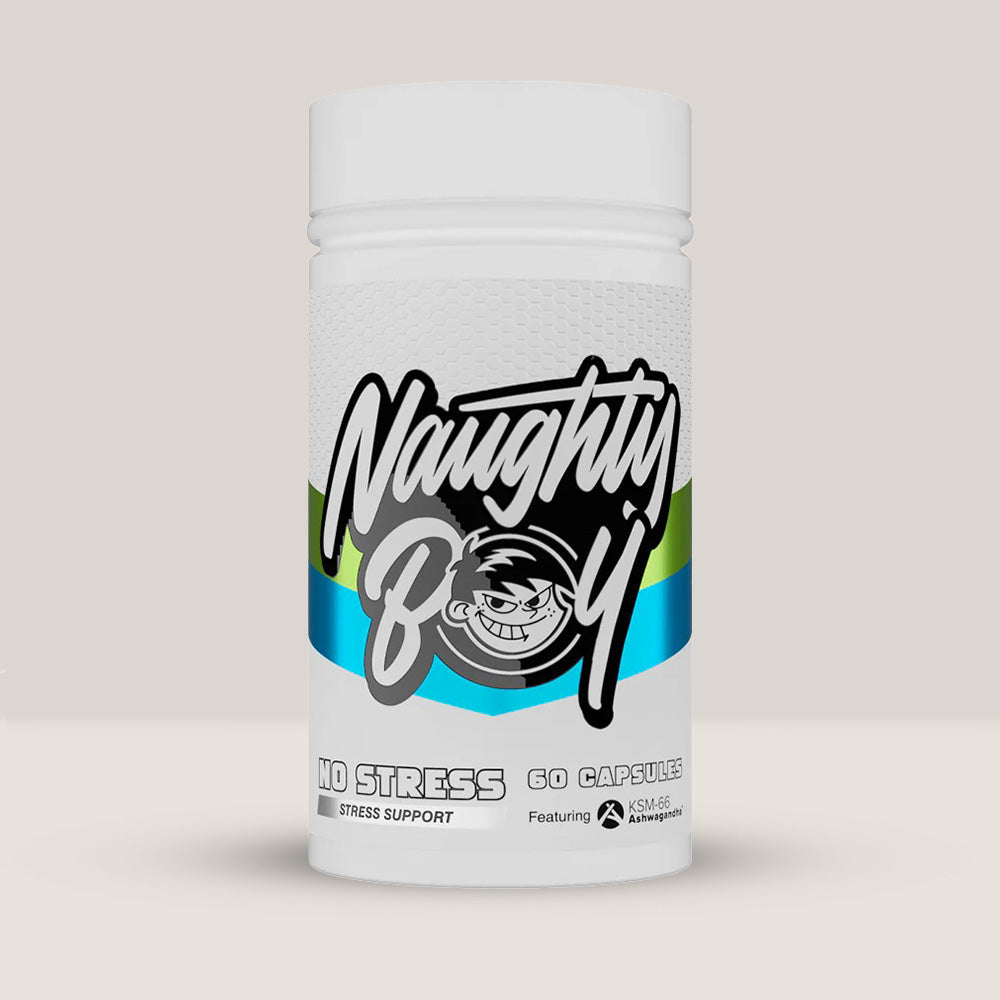 Flacon de No Stress de la NaughtyBoy, supliment anti-stres cu Ashwagandha KSM-66, pentru controlul cortizolului, 60 capsule.