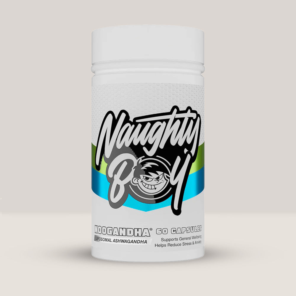 Flacon de NooGandha de la NaughtyBoy, supliment cu Ashwagandha liposomală pentru stres și focus, 60 de capsule.