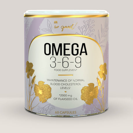 Flacon de Omega 3-6-9 din gama so good! de la Fitness Authority, supliment din ulei de in pentru colesterol, 60 capsule.