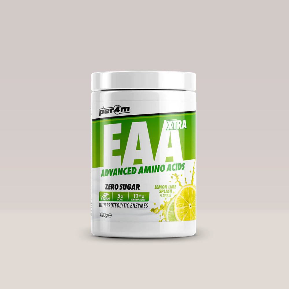 Imagine cu suplimentul PER4M EAA Xtra cu aromă de lămâie și lime, Aminoacizi esențiali, 420g.