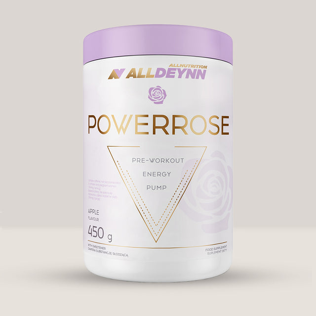 Cutie de PowerRose de la Alldeynn, supliment pre-workout pentru femei, pentru energie și pompare, 450g.