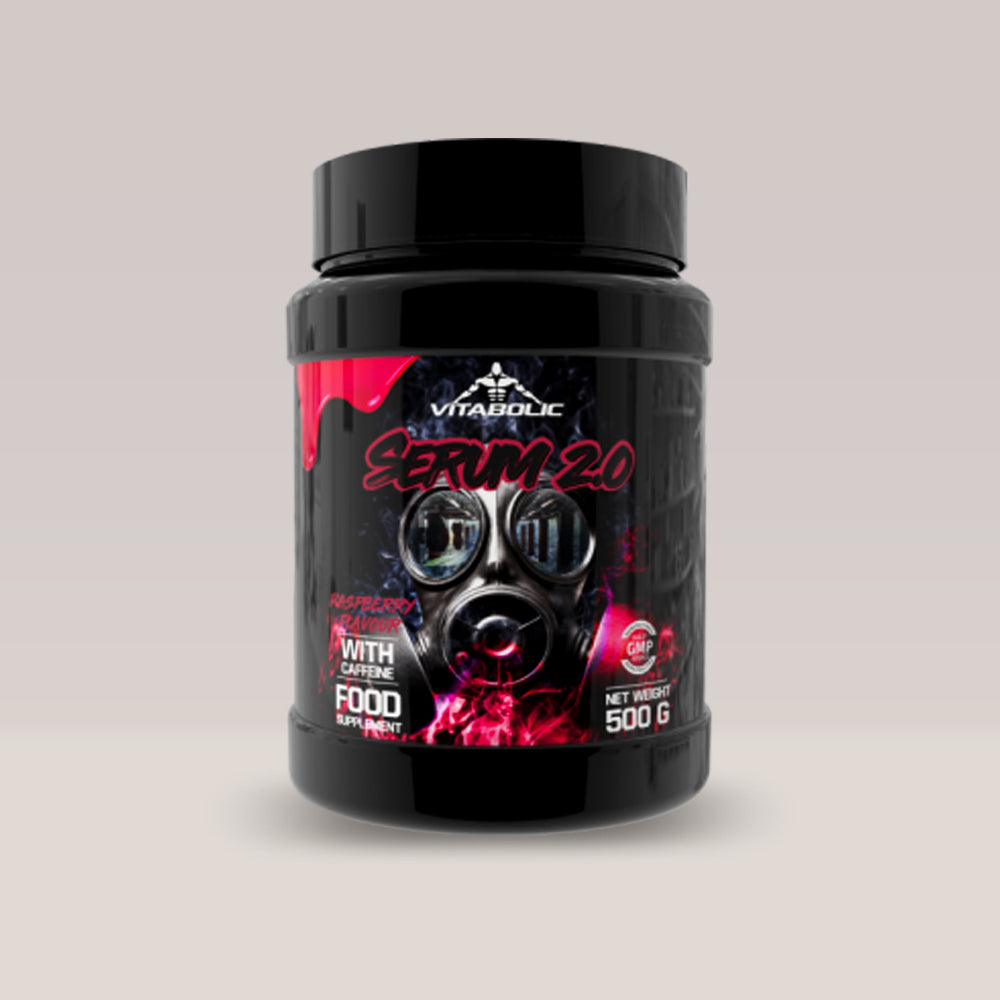  Recipient roșu de Serum 2.0 de la Vitabolic, un pre-workout avansat pentru energie și performanță. Raspberry.