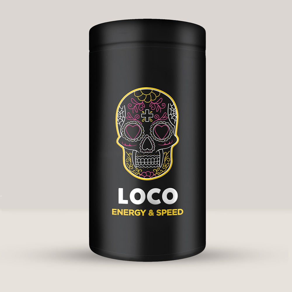 Flacon de pre-workout în capsule LOCO ENERGY & SPEED, un supliment pentru energie și viteză.