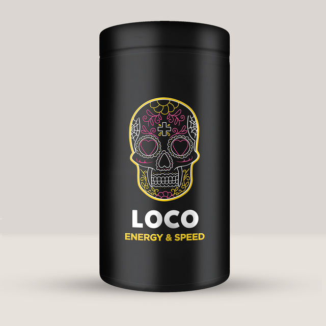 Flacon de pre-workout în capsule LOCO ENERGY & SPEED, un supliment pentru energie și viteză.