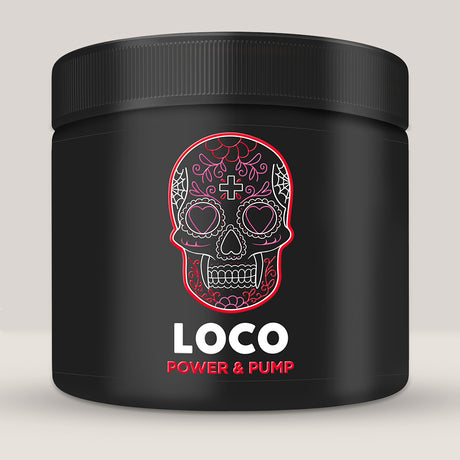 Recipient de pre-workout pentru pompare LOCO POWER & PUMP, o formulă fără cofeină.