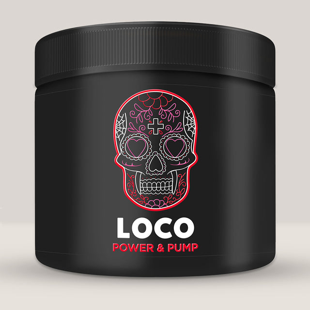 Recipient de pre-workout pentru pompare LOCO POWER & PUMP, o formulă fără cofeină.
