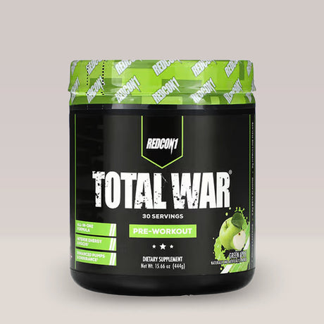 Recipient de pre-workout REDCON1 Total War, un supliment pentru energie și pompare.Green apple aroma.