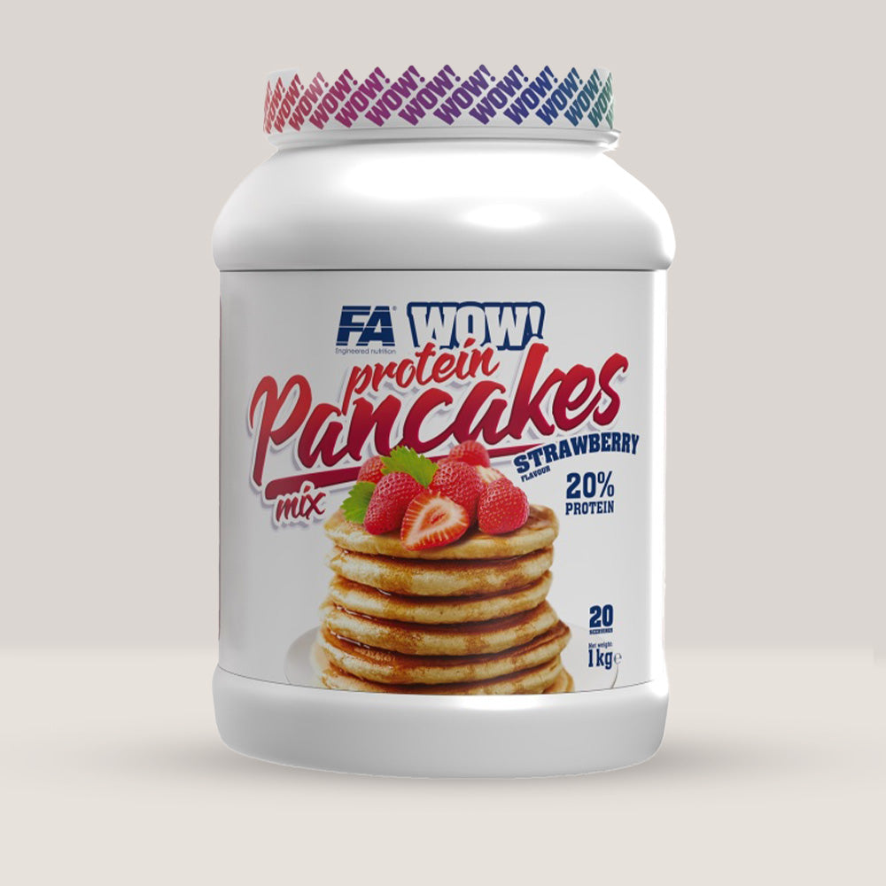 Imagine cu o cutie de Protein Pancakes din gama WOW! de la Fitness Authority, amestec pentru clătite proteice, 1kg.