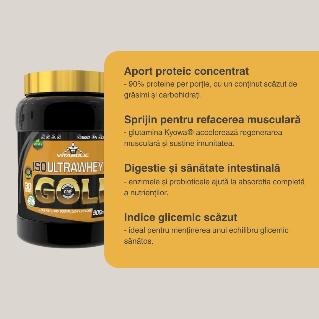 UltraWhey Gold: Recuperare rapidă și creștere musculară armonioasă cu izolat proteic nativ.
