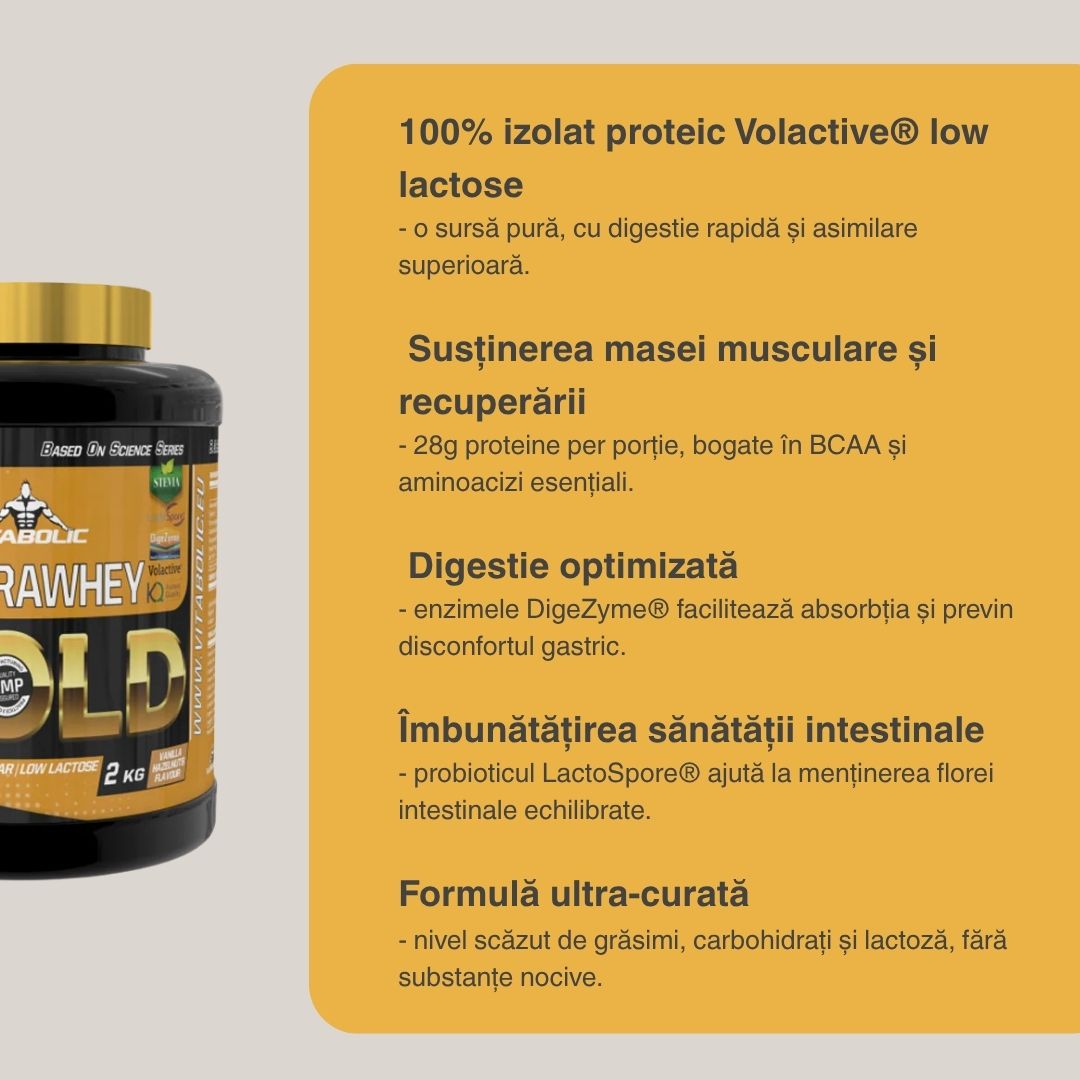 UltraWhey Gold: Recuperare rapidă, creștere musculară, digestie perfectă. Performanță de neegalat.