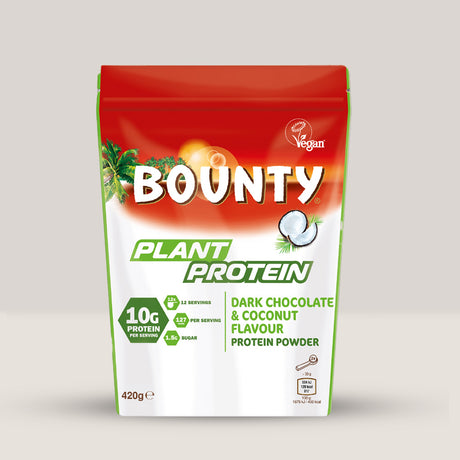 Recipient de 420g de proteină vegană Bounty Hi-Protein cu aromă de ciocolată și cocos.