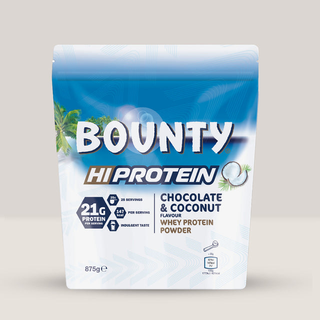 Recipient de 875g de pudră proteică Bounty Hi-Protein cu aromă de ciocolată și cocos.